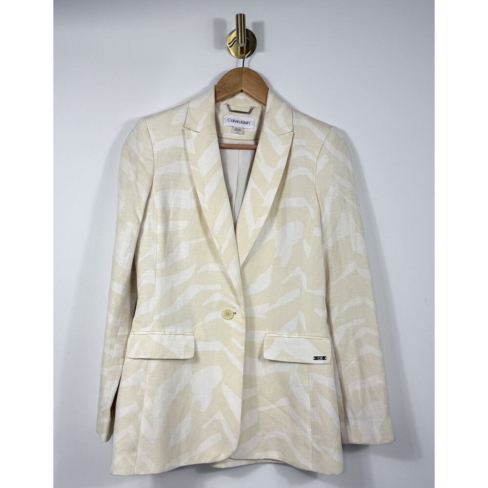 Calvin Klein light-colored Zebra-Print linen Single-Button Blazer Sz 4 - Picture 2 of 12